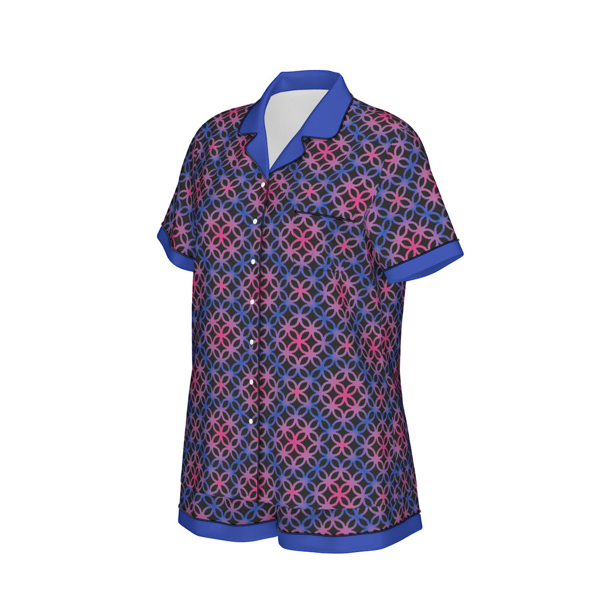 Circle Trellis Patterned All-Over Print Women's Imitation Silk Pajama Set With Short Sleeve