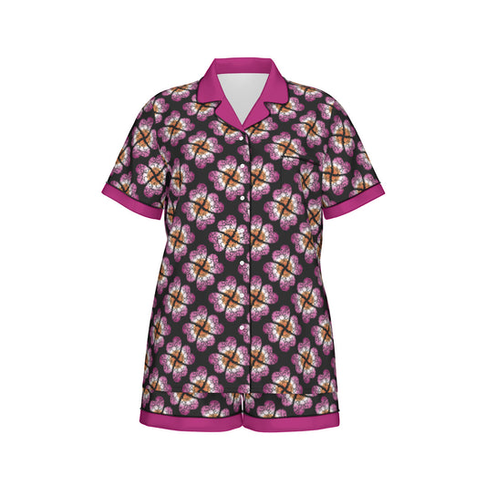 Heart Flower Patterned Faux Silk Pajama Set with Shorts | Choose Your Colourway