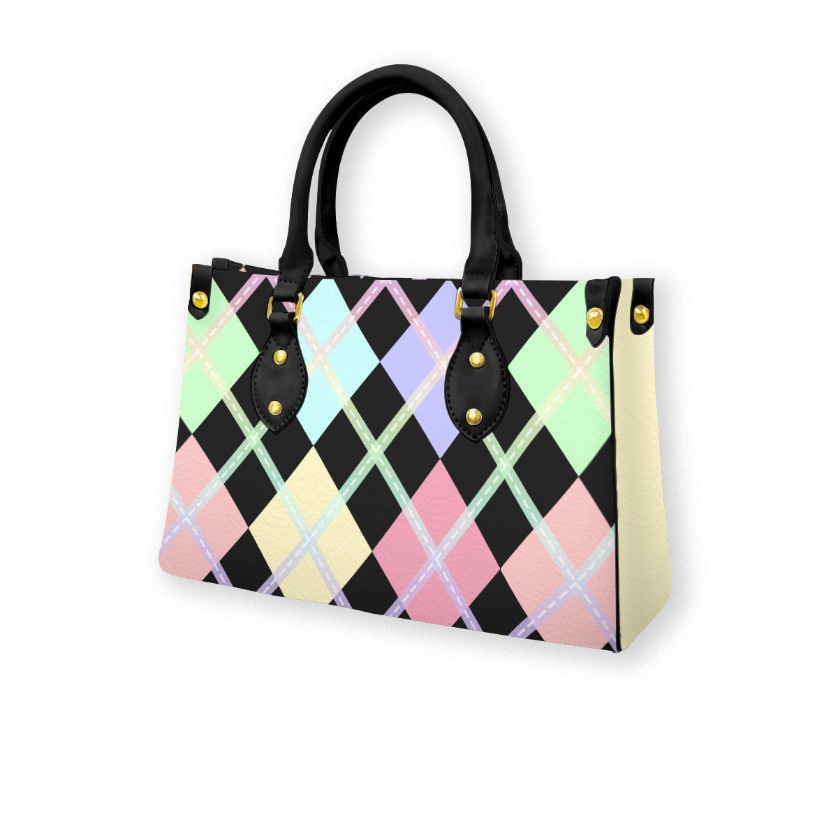 Pastel Rainbow and Black Solid Argyle Tote Bag with Black Handles and Zippered Pockets