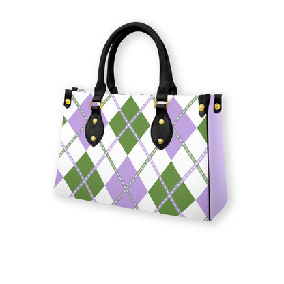 Genderqueer and White Solid Argyle Tote Bag with Black Handles and Zippered Pockets