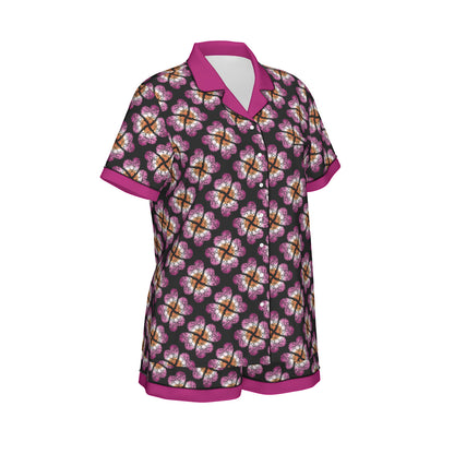 Heart Flower Patterned Faux Silk Pajama Set with Shorts | Choose Your Colourway