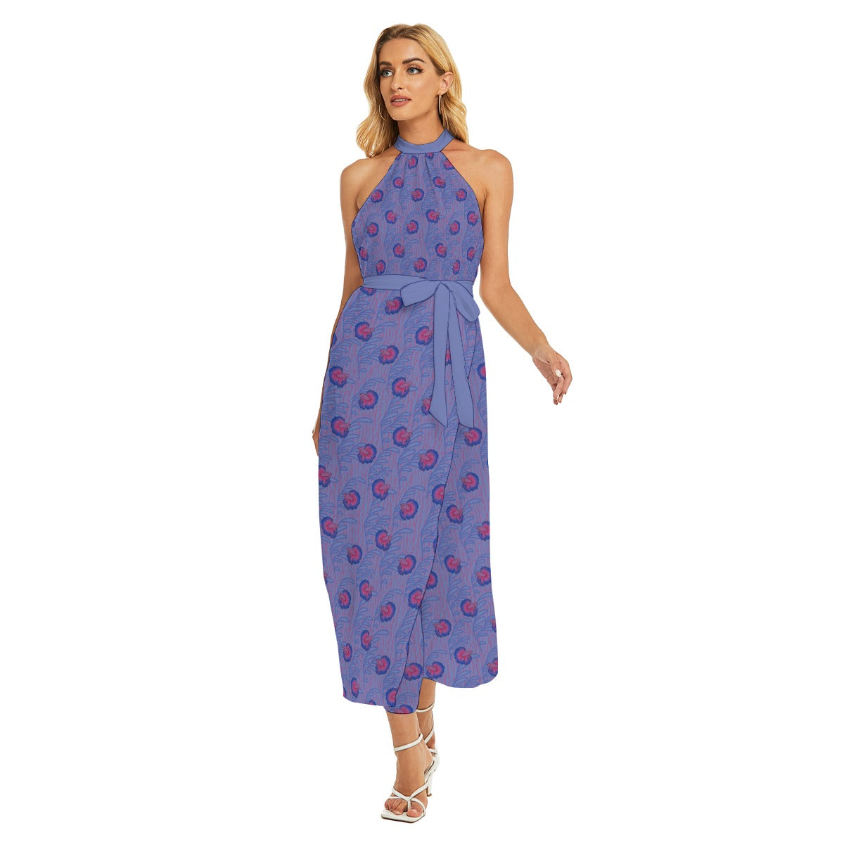 Betta and Seaweed Pattern Wrap Hem Belted Halter Dress | Choose Your Colourway