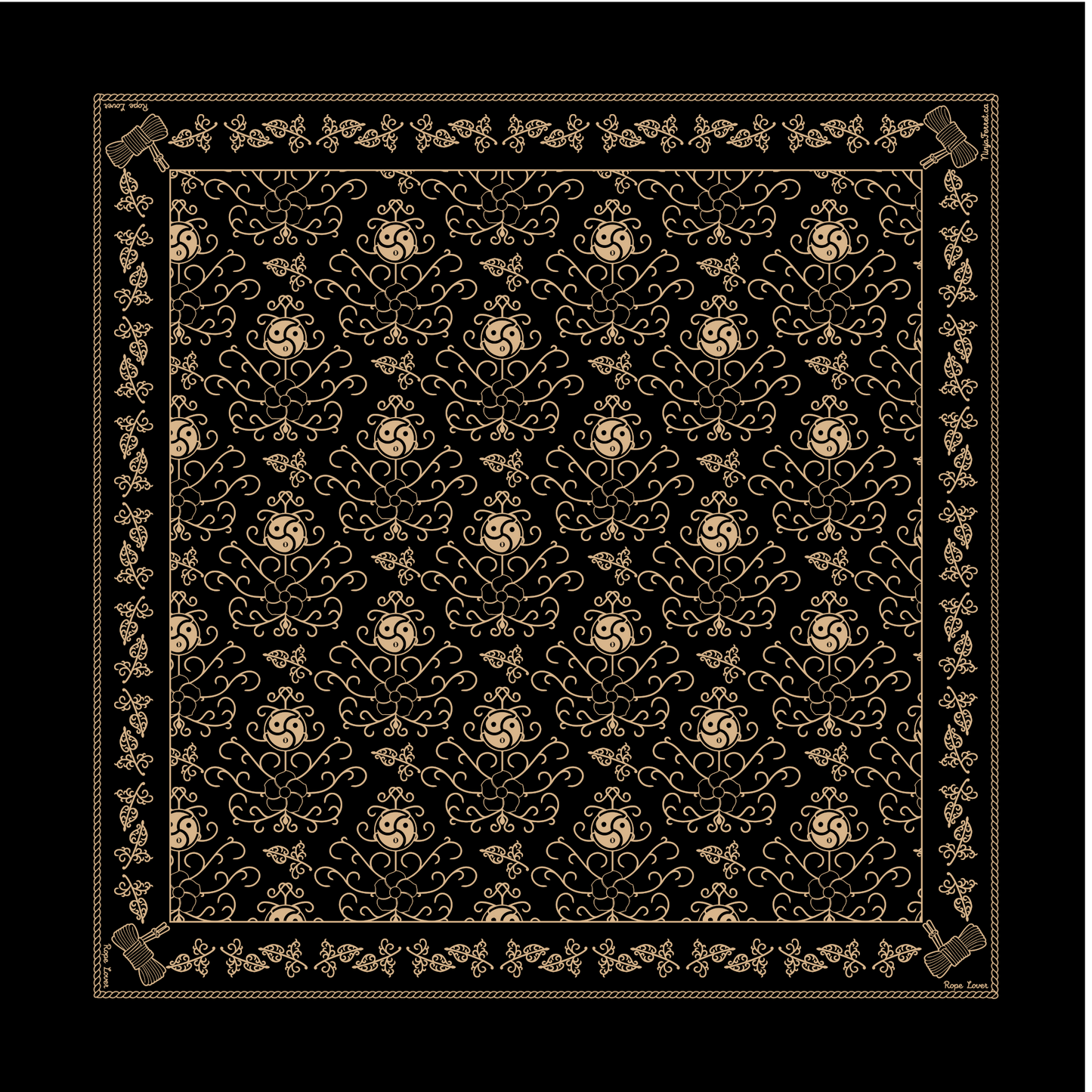 Black hanky with tan/hemp coloured pattern. The words, "Rope Bottom" on the top and bottom corners, and, "Rigger" on opposite corners.