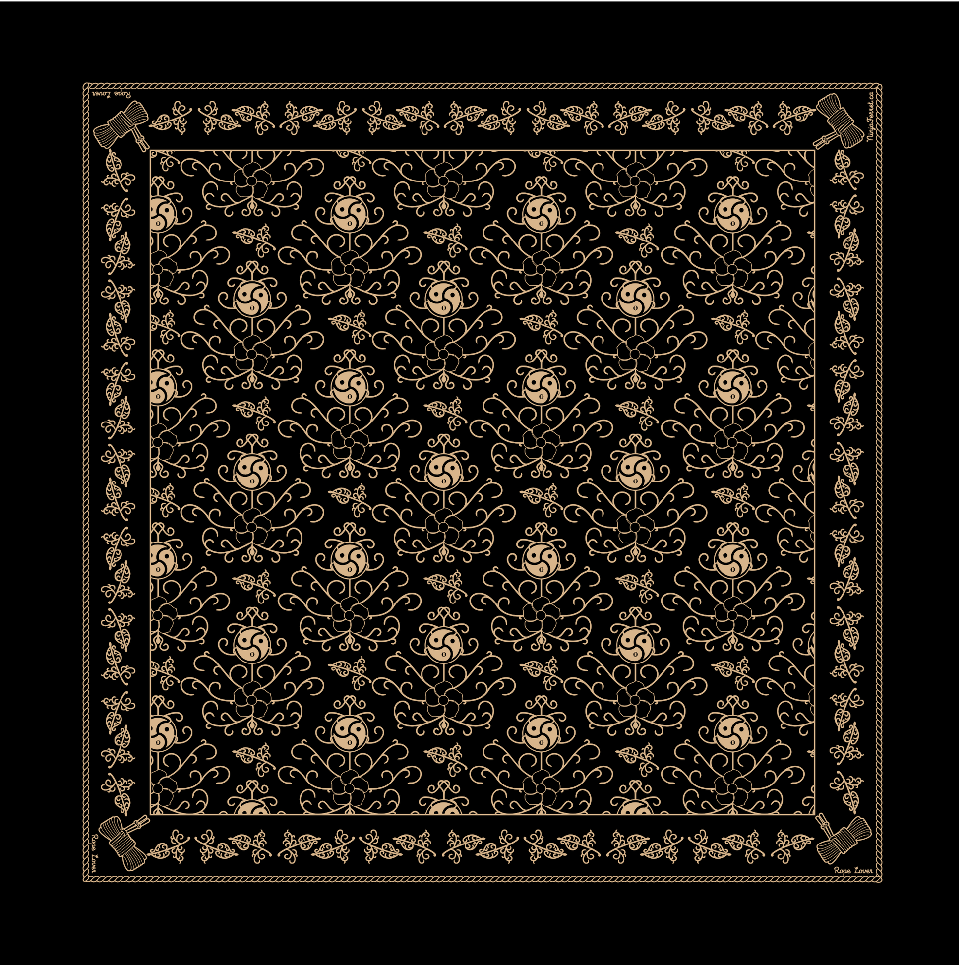 Black hanky with tan/hemp coloured pattern. The words, "Rope Bottom" on the top and bottom corners, and, "Rigger" on opposite corners.