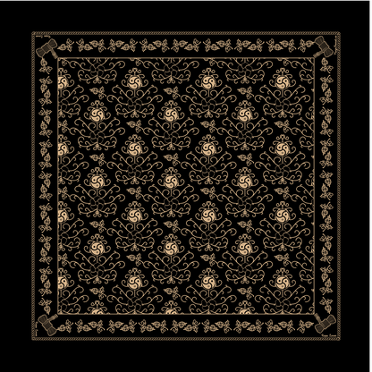 Black hanky with tan/hemp coloured pattern. The words, "Rope Bottom" on the top and bottom corners, and, "Rigger" on opposite corners.