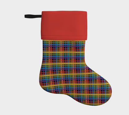 Muted Rainbow and Black Plaid Holiday Stocking