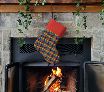 Muted Rainbow and Black Plaid Holiday Stocking