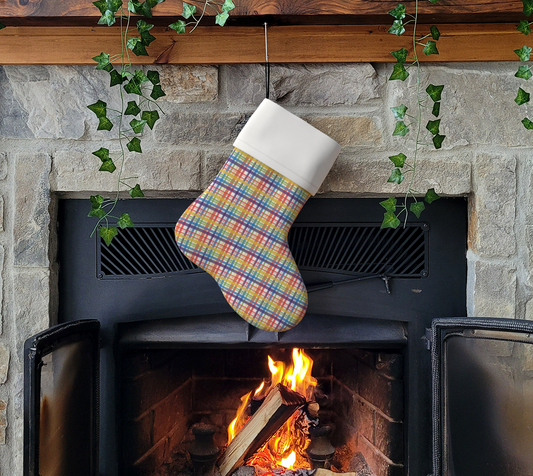 Muted Rainbow and White Plaid Holiday Stocking