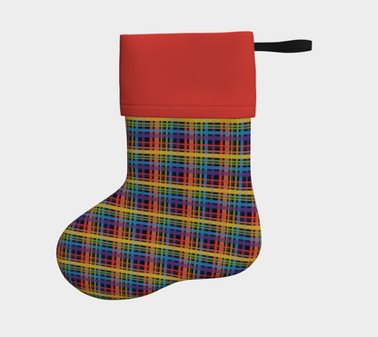 Muted Rainbow and Black Plaid Holiday Stocking